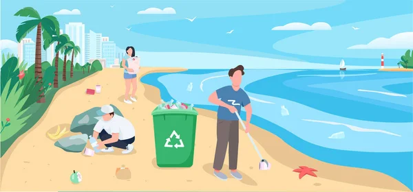 Ludzie Czyszczący Piaszczystą Plażę Płaski Kolor Wektor Ilustracji Zanieczyszczone Wybrzeże — Wektor stockowy