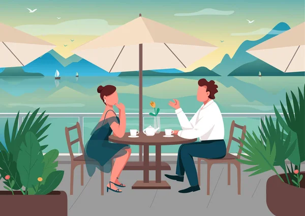 海辺のリゾートフラットカラーベクトルイラストでロマンチックなデート レストランでのカップルディナー ストリートカフェでボーイフレンドとガールフレンド一緒に背景に海景と2D漫画のキャラクター — ストックベクタ
