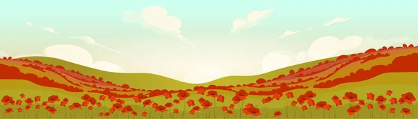日の出フラットカラーベクトルイラストでトスカーナのポピー畑 穏やかな夏の2D漫画の風景 赤い野生の花と草原 日没の丘の風景 — ストックベクタ