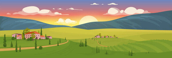 Летний восход солнца на деревенской плоской векторной иллюстрации. Тосканский пейзаж 2D мультфильм пейзаж с горами на заднем плане. Закат в маленьком французском городке. Виноградник на рассвете
