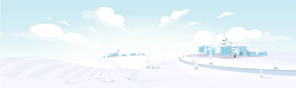 トスカーナフラットカラーベクトルイラストで冬 雪の2D漫画の風景で覆われた農業分野や家 ヨーロッパの農村地域の雪景色 田園風景 — ストックベクタ