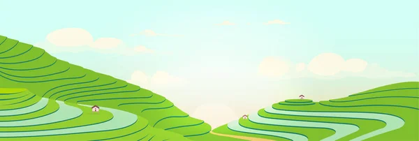 Terraced Fields Sunrise Flat Color Vector Illustration Mañana Soleada Tierras — Archivo Imágenes Vectoriales