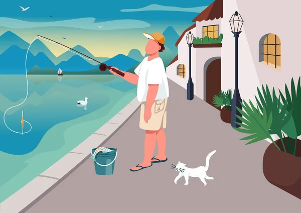 Mann Angelt Wasser Bereich Flache Farbe Vektor Illustration Freizeit Sommer — Stockvektor