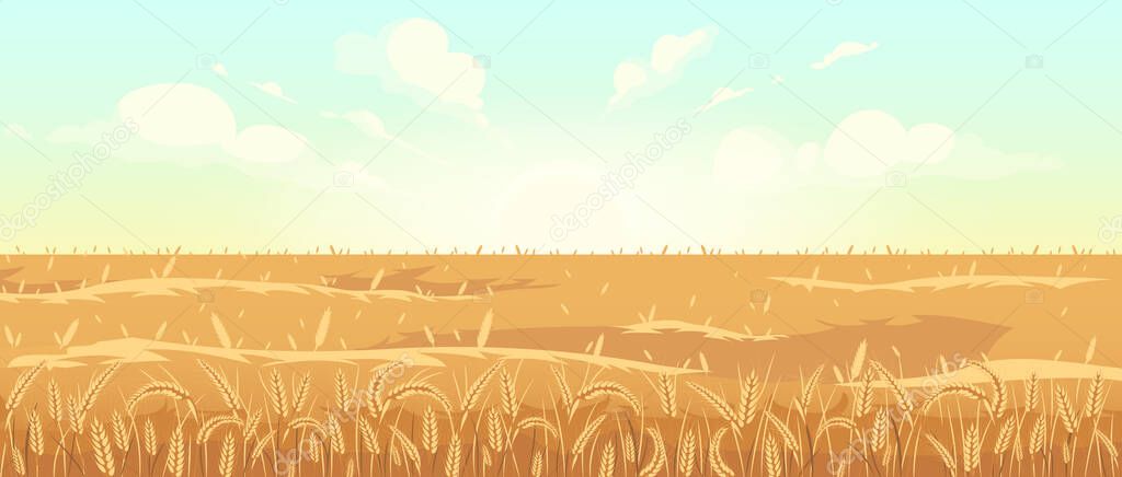 Golden wheat field flat color vector illustration. Harvest season 2D cartoon landscape. Sunrise in countryside. Agricultural area at dawn. Morning view of meadow with cereal plants