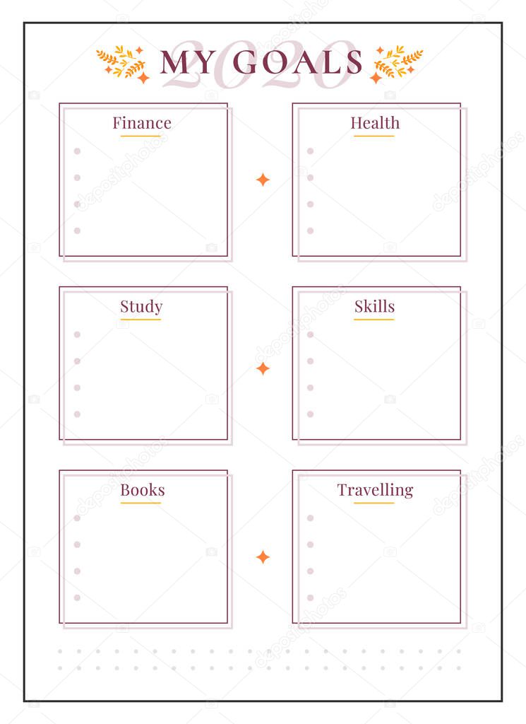 2020 goal spread minimalist planner page design. Manage finance. Study goals. Write tasks in memo boxes. Life categories bullet journal printable sheet. Personal organizer. Notebook vector template