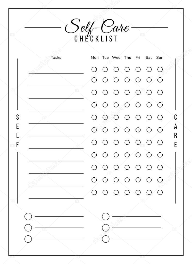 Self care task list minimalist planner page design. Daily routine note with tick boxes and lines. Habit tracker bullet journal printable sheet. Personal organizer. Notebook vector template