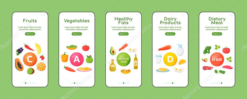 Vitamins and minerals onboarding mobile app screen flat vector template. Healthy food products. Walkthrough website steps with objects. UX, UI, GUI smartphone cartoon interface, case prints set