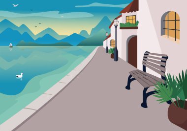 Sahil kenti düz renk çizimi. Akdeniz evleri ve bankları olan rıhtım caddesi. Seafront 2D karikatür manzarası, arka planda gün batımında dağlar ve okyanus.