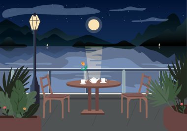 Gece düz renk vektör illüstrasyonunda sokak restoranı. Terasta kafe masası servis edildi. Akşam yemeği. Arka planda yelkenli tekneleri, dağları ve okyanusu olan 2D karikatür manzarası