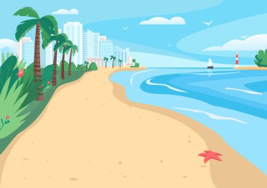Sandy Beach düz renk vektör çizimi. Gökdelenleri ve tropik palmiyeleri olan kıyı şeridi. Egzotik yaz deniz manzarası. Arka planda modern şehir binaları olan 2D karikatür manzarası.