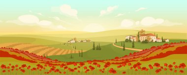 Klasik Toskana manzarası düz renk vektör çizimi. Günbatımında 2D karikatür manzaralı İtalyan tepe kasabaları. Haşhaş ve buğday tarlalarının romantik manzarası. Avrupa kırsalında dolambaçlı yollar
