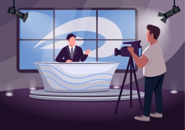 Haber yapımı düz renk çizimi. Profesyonel sunucu ve kameraman arka planda stüdyosu olan 2D çizgi film karakterleri. Haber bülteni için hazırlık. Haber programının perde arkası