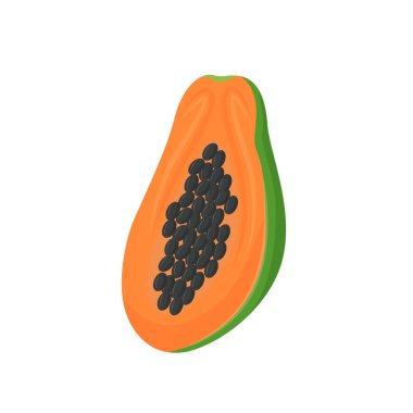 Papaya karikatür vektör çizimi. Sulu meyve rengi nesnenin yarısı. Sağlıklı vejetaryen yemekleri. Sağlıklı beslenme. Beyaz arka planda izole edilmiş vitamin ve antioksidan besin kaynakları