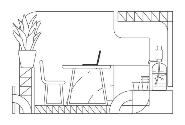 ホームオフィスインテリアデザインアウトラインベクトルイラスト 白を基調とした現代的な会社の上司の職場輪郭組成 水クーラー 机の上のコンピュータシンプルなスタイルの図面 — ストックベクタ