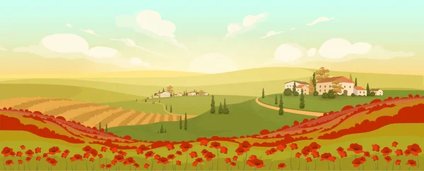 Klassische Toskanische Landschaft Flache Farbvektorillustration Italienische Bergstädte Bei Sonnenuntergang Cartoon — Stockvektor