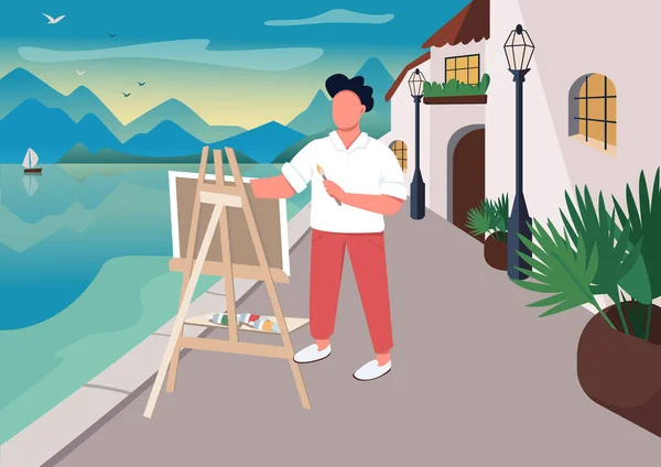 Ζωγραφική Καλλιτέχνη Στο Παραθαλάσσιο Επίπεδο Χρώμα Διάνυσμα Εικονογράφηση Μάθημα Υπαίθριων — Διανυσματικό Αρχείο