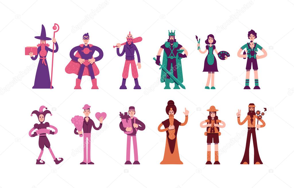 Twelve archetypes flat color vector characters set. Magician and hero in cape. Medieval king and wise man. People personality types isolated cartoon illustrations on white background