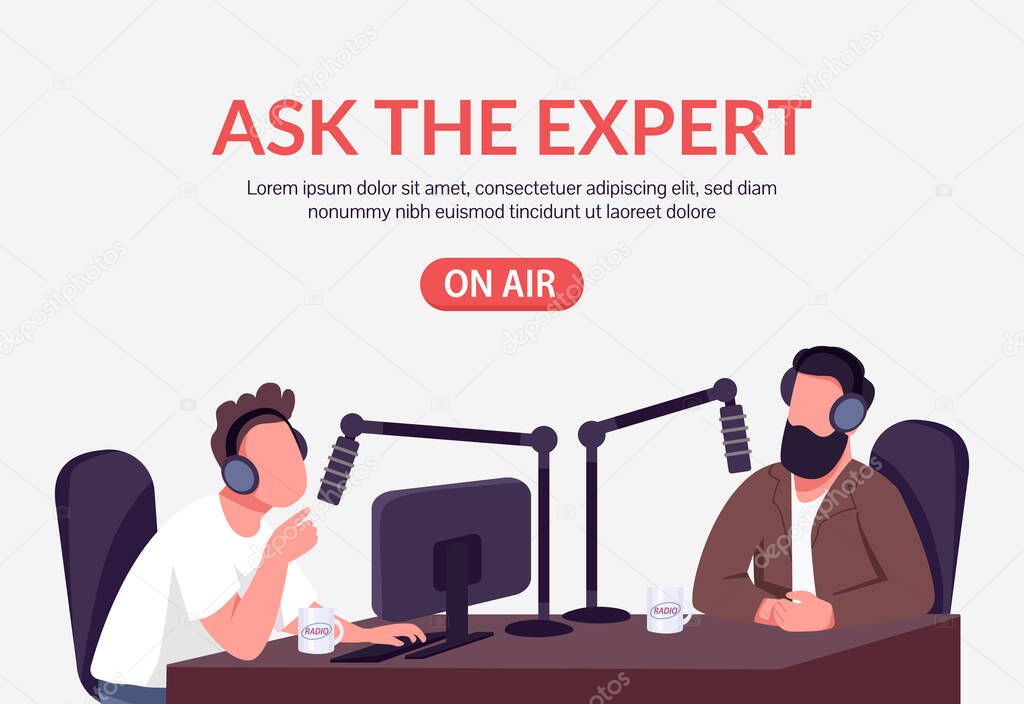 Radio podcast banner flat vector template. Public chat show brochure, poster concept design with cartoon characters. Talk show with expert interview horizontal flyer, leaflet with place for text