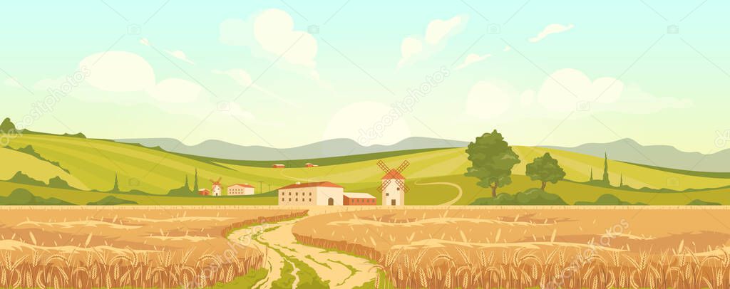 Agricultural field flat color vector illustration. Italian farmland 2D cartoon landscape. Rural scenery. Autumn in European village. Wheat harvest season. Traditional windmill. Flour production