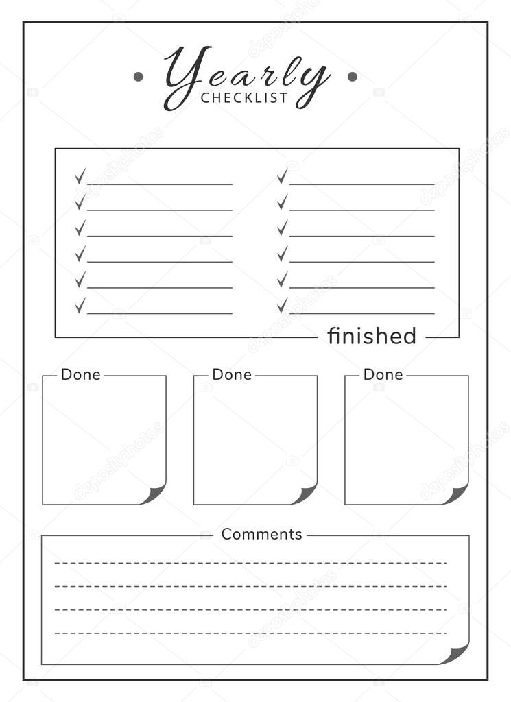 Yearly list minimalist planner page design. Empty boxes for note and comment. Finished resolution checklist bullet journal printable sheet. Personal organizer. Notebook vector template