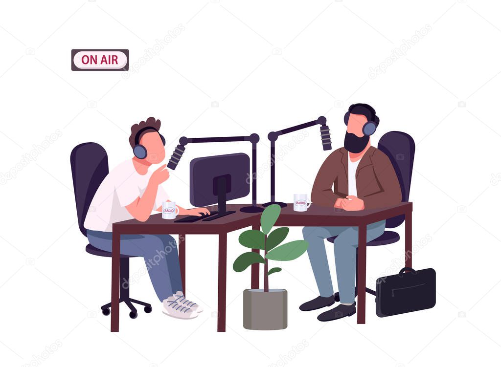 Radio show host and guest flat color vector faceless characters. Live interview with invited expert. Men talking in recording studio isolated cartoon illustration for web graphic design and animation