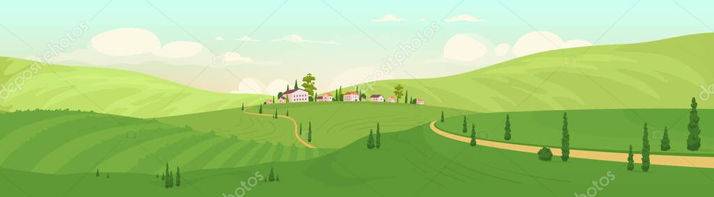 Antigua aldea de la colina plana ilustración vectorial de color. Villas de lujo 2D paisaje de dibujos animados con colinas verdes en el fondo. destino de vacaciones de verano. Paisajes de la Antigua aldea de la colina plana ilustración vectorial de color. Villas de lujo 2D paisaje de dibujos animados con colinas verdes en el fondo. destino de vacaciones de verano. Paisajes de la