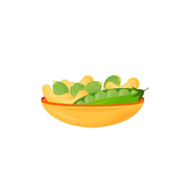 Tohumlar, fındıklar, kabın içindeki fasulye vektör çizimi. Tabak rengi nesnede kaju ve yeşil bezelye. Vejetaryen diyeti. Bitkisel protein kaynakları beyaz arkaplanda izole edilmiş