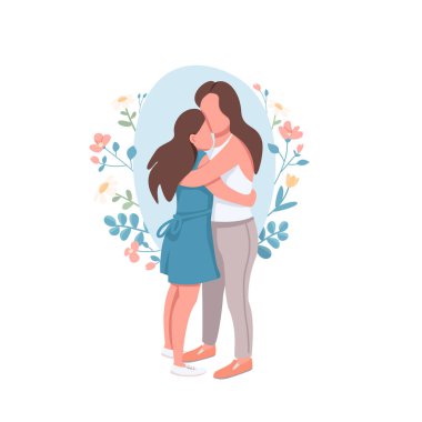 Anne ve kızı düz konsept vektör çizimi. Ebeveynler genç çocukları kucaklıyor. Annelik, ebeveynlik. Web tasarımı için Mutlu Aile 2D çizgi film karakterleri. Akrabalar yaratıcı fikir