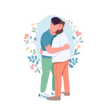 Eşcinsel çift düz konsept vektör çizimi. Aynı cinsiyetten romantik ilişki. Mutlu kucaklaşmalar beyler. Web tasarımı için aile 2D çizgi film karakterleri. Homoseksüel çift yaratıcı fikri kucaklıyor.