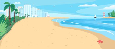 Sandy Beach düz renk vektör çizimi. Tropik deniz tatil köyü. Gökdelenleri ve palmiyeleri olan kıyı şeridi. Arka planda modern şehir binaları olan egzotik deniz kıyısı 2D karikatür manzarası
