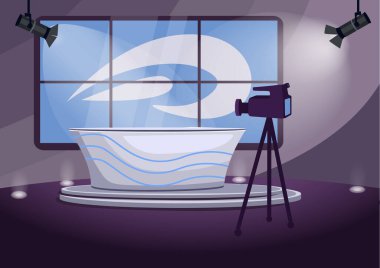 News program shooting stage flat color vector illustration. Television channel, telecasting room 2D cartoon interior with screens on background. Newscaster, newsreader desk in spotlights and camera clipart