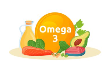Omega 3 karikatür vektör illüstrasyonunun ürünleri. Balıklarda, avokadoda, fındıkta, yağlı, düz renkli nesnelerde poliyunüre doymuş yağ asitleri. Erdemli yiyecekler. Sağlıklı yağ kaynakları beyaz arkaplanda izole