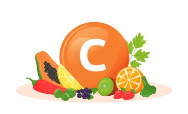 C vitamini yiyecek kaynakları karikatür vektör çizimi. Taze meyve ve sebzeli antioksidan. Yeşiller düz renkli nesne. Sağlıklı vejetaryen diyeti. Beyaz arka planda izole edilmiş vejetaryen yemekleri