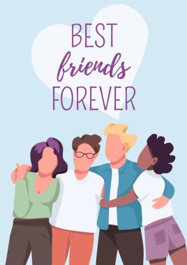 En iyi arkadaşlar sonsuza dek düz vektör şablonu. Arkadaşlık ve birlik. Grup dinamiği. Broşür, çizgi film karakterleriyle ilgili birinci sayfa konsept tasarımı. Çok kültürlü toplum broşürü, broşür.
