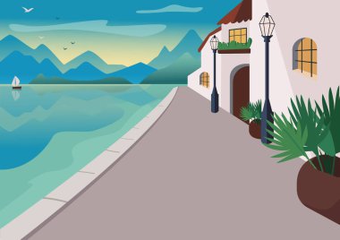 Sahil tatil köyü düz renk vektör çizimi. Limanda binalar ve saksılarda tropik palmiyeler var. Seafront 2D karikatür manzarası. Arka planda güneş doğarken dağlar ve okyanus manzarası.