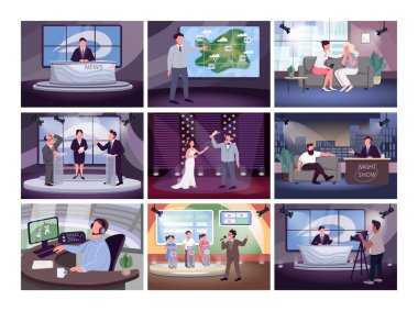 Televizyon yayını düz renk vektör çizimleri ayarlandı. Sunucuları ve haber spikerlerini 2D çizgi film karakterlerini göster. Medya endüstrisi, farklı programlar. TV sunucusu mesleği, sunucu mesleğini göster