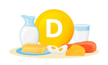 D vitamini yemek kaynakları karikatür vektör çizimi. Tereyağı, peynirli hayvan ürünleri. Yumurta, süt, balığın sağlıklı beslenme şekli düz renk nesne. Beyaz arkaplanda izole edilmiş sağlıklı besin