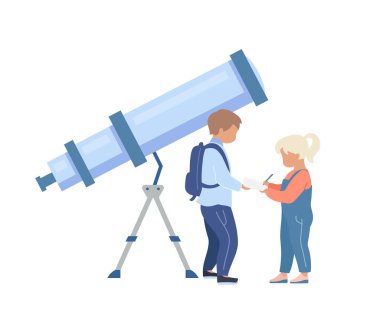 Planetaryumdaki çocuklar düz renk vektörlü yüzsüz karakter. Teleskopun yanındaki çocuklar. Evren hakkında bir şeyler öğren. Astronomi sergisi web grafik tasarımı ve animasyonu için izole edilmiş karikatür çizimi