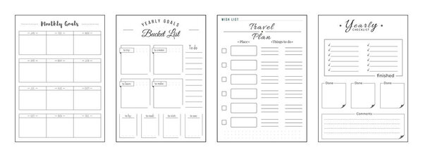 Priorities and wishes minimalist planner page set. Monthly priorities. Habit track weekly. Travel and journey plan. Bucket list personal organizer printable sheet layout. Vertical insert for diary