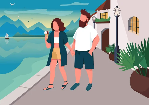 夫婦は シーフロントフラットカラーベクトルイラストを歩く ロマンチックな夜の遊歩道 ボーイフレンドとガールフレンド食べるアイス2D漫画のキャラクターで海辺のリゾートタウンを背景に — ストックベクタ