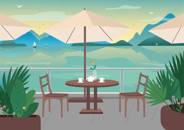 Gaturestaurang Vid Havet Resort Platt Färg Vektor Illustration Serverade Cafébord — Stock vektor