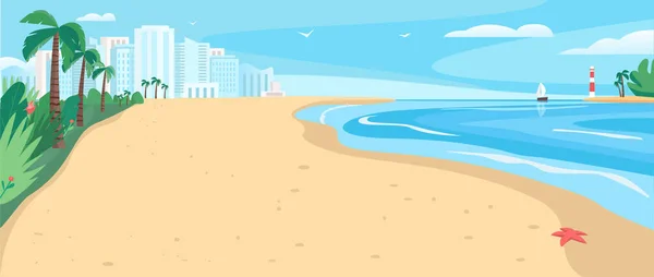 桑迪海滩平面彩色矢量插图 热带海洋度假胜地 沿着摩天大楼和棕榈树的海岸线 以现代城市建筑为背景的异国情调海滨2D卡通景观 — 图库矢量图片