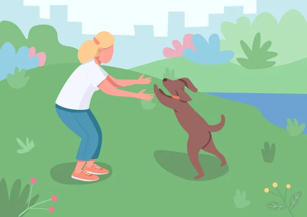 ペットの所有者フラットカラーベクトルイラスト 女性の大人は公園の外で犬を歩く 抱擁するために走っている家畜 背景に風景と犬の2D漫画のキャラクターと女性の遊び — ストックベクタ