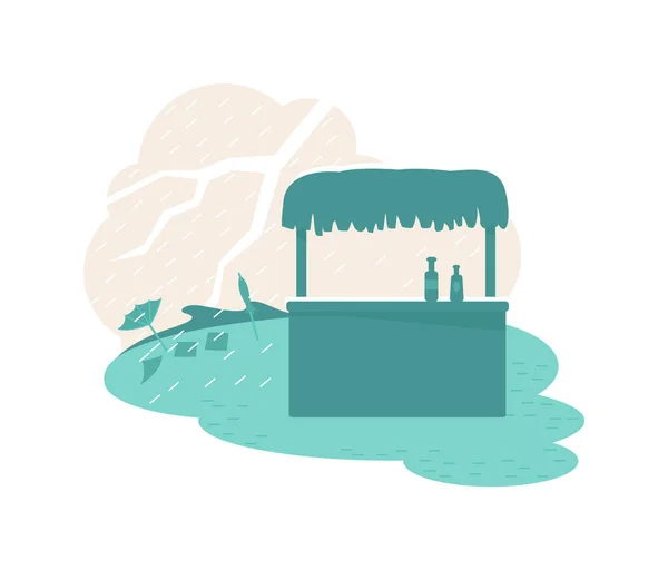 雨自然災害2DベクトルWebバナー ポスター 熱帯竜巻 漫画の背景にビーチバーと雷鳴フラットイラスト 洪水印刷可能なパッチ カラフルなWeb要素 — ストックベクタ