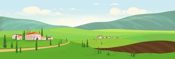 Planting season in hilltop villages flat color vector illustration. Small old towns 2D cartoon landscape. Spring view of country houses. Private villas in rural area. Natural scenery