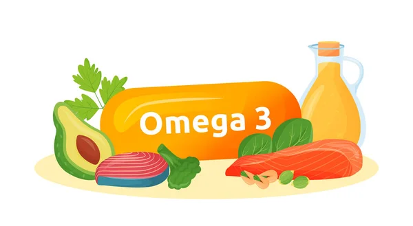 Omega Fontes Alimentares Cartoon Ilustração Vetor Gorduras Saudáveis Peixe Abacate — Vetor de Stock