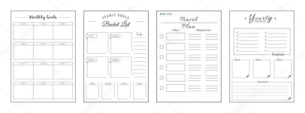 Priorities and wishes minimalist planner page set. Monthly priorities. Habit track weekly. Travel and journey plan. Bucket list personal organizer printable sheet layout. Vertical insert for diary