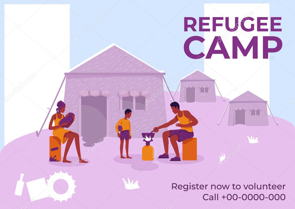 Refugee camp poster flat vector template. Illegal war migrants. Brochure, booklet one page concept design with cartoon characters. Middle eastern immigrants family in tent flyer, leaflet