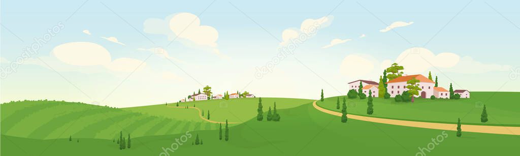 Summer in old European village flat color vector illustration. Morning in small town 2D cartoon landscape. Green agricultural fields view. Bright countryside with private villas