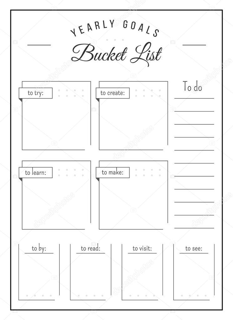 Yearly goals minimalist planner page design. Memo boxes to make checklist. Categories of notes. Bucket list bullet journal printable sheet. Personal organizer. Notebook vector template